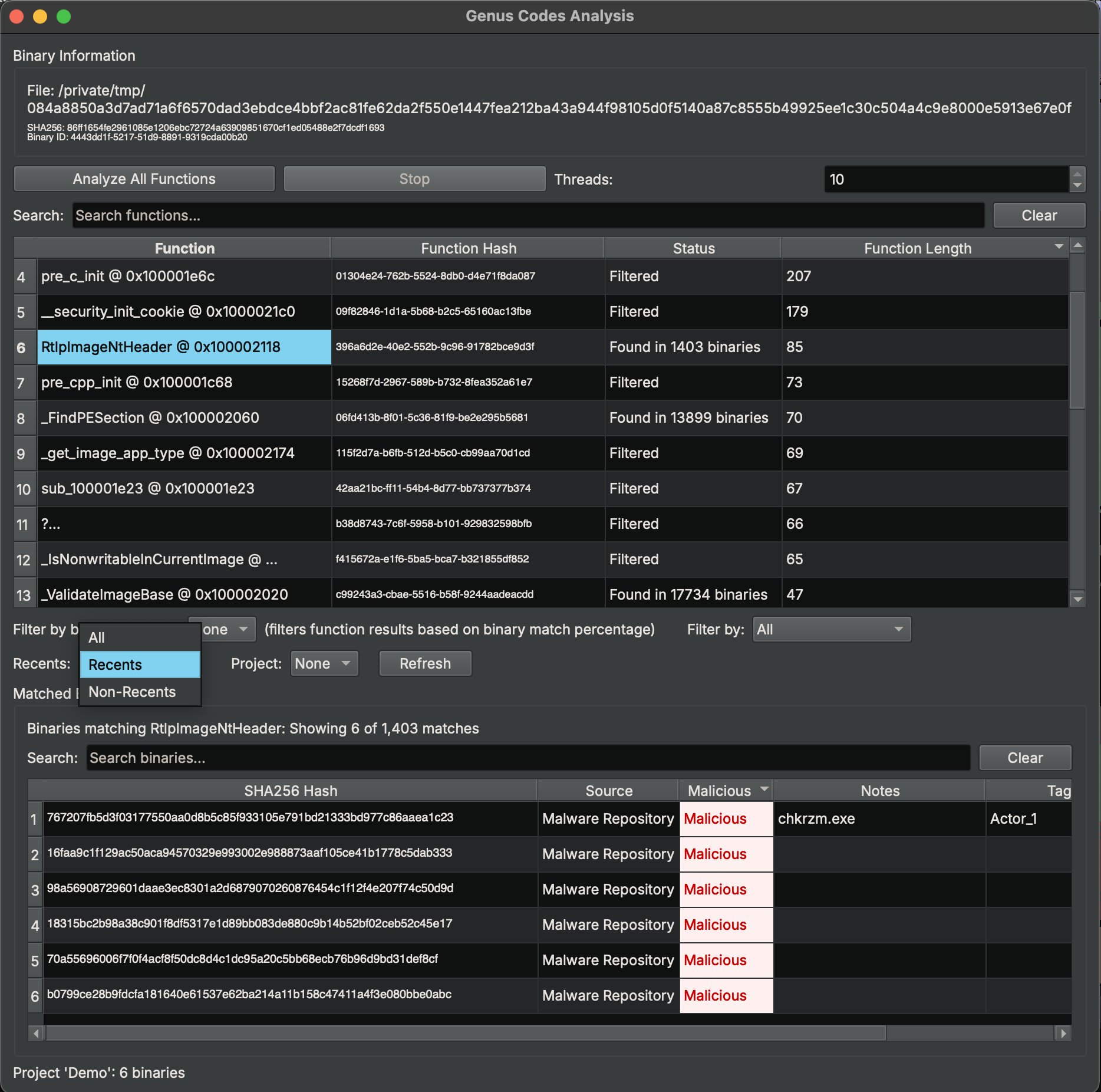 Genus Codes Binary Ninja plugin screenshot